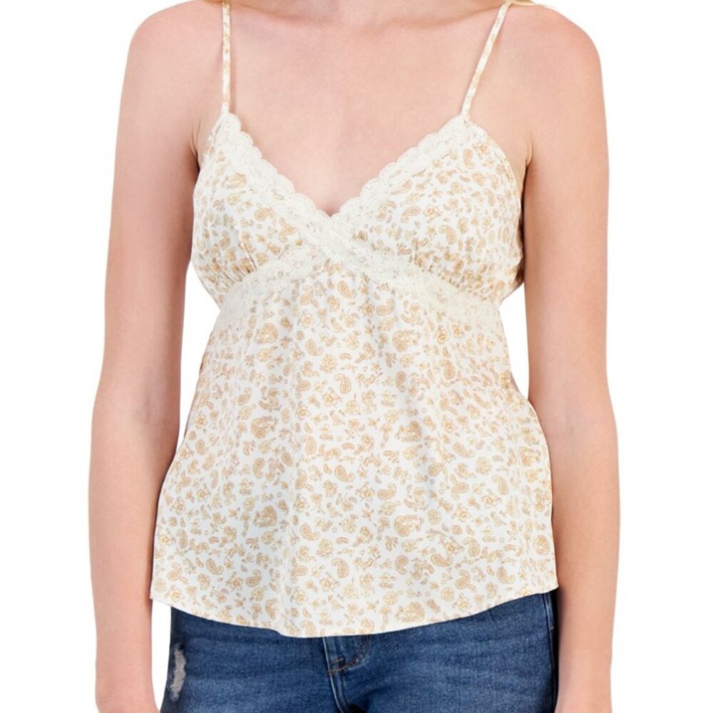NEW! Hippie Rose Satin Camisole Tank Top Lace Trim Cream Floral Medium